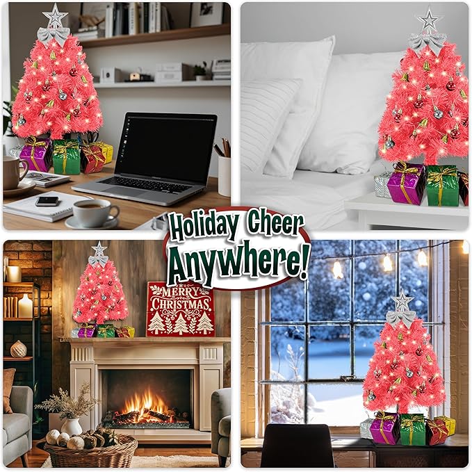 Small Pink Christmas Tree with Lights - 23 Inch Mini Tabletop Christmas Tree with Warm-White LED Lights, Hanging Ornaments, Decorative Bow and Gift Boxes - Table Tree for DIY Christmas Decoration