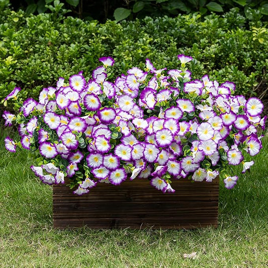 Lnoicy Artificial Flowers for Outdoor 12 Bundles Eucalyptus Fake Flowers for Planter,UV Resistant Fake Morning Glory for Home/Porch/Garden Decoration（Purple/White）