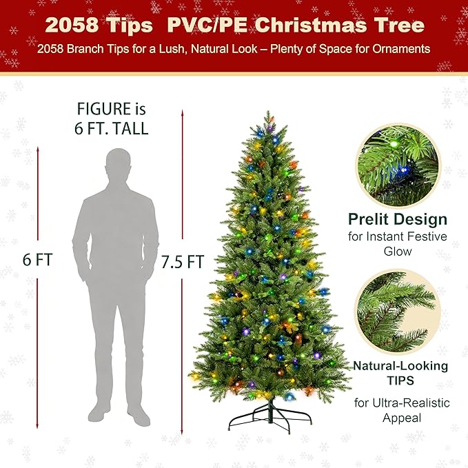 7.5ft Pre Lit Christmas Tree with 500 Multi-Color LED Lights – Artificial Balsam Holiday Tree with 2058 Realistic PE & PVC Tips, Foot Pedal, Hinged Branches, and Metal Stand