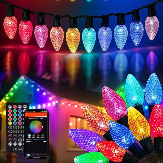 Dazzle Bright Smart C9 Christmas Outdoor Lights, 100 LED 66 FT RGB String Light with Remote, App Control, Music Sync, Connectable Waterproof Xmas Lights for Holiday Tree Patio Roof Decor