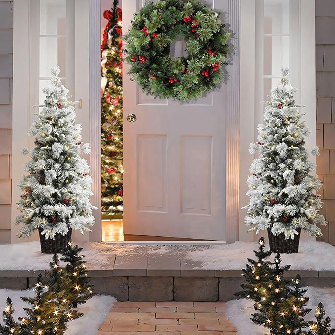 LuxenHome 4.5FT Small Potted Christmas Tree, Prelit Flocked Christmas Tree with 100 LED Lights and Artificial Trees with Red Berries, Lighted Pine Trees for Indoor, Outdoor Holiday Display