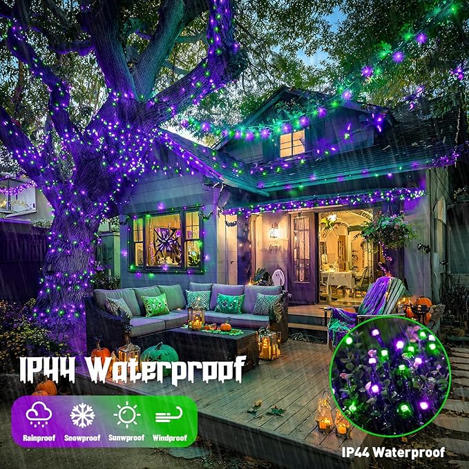 JMEXSUSS 250 LED Purple and Green String Lights Outdoor Waterproof with 8 Modes for Party Garden Patio Halloween Decorations