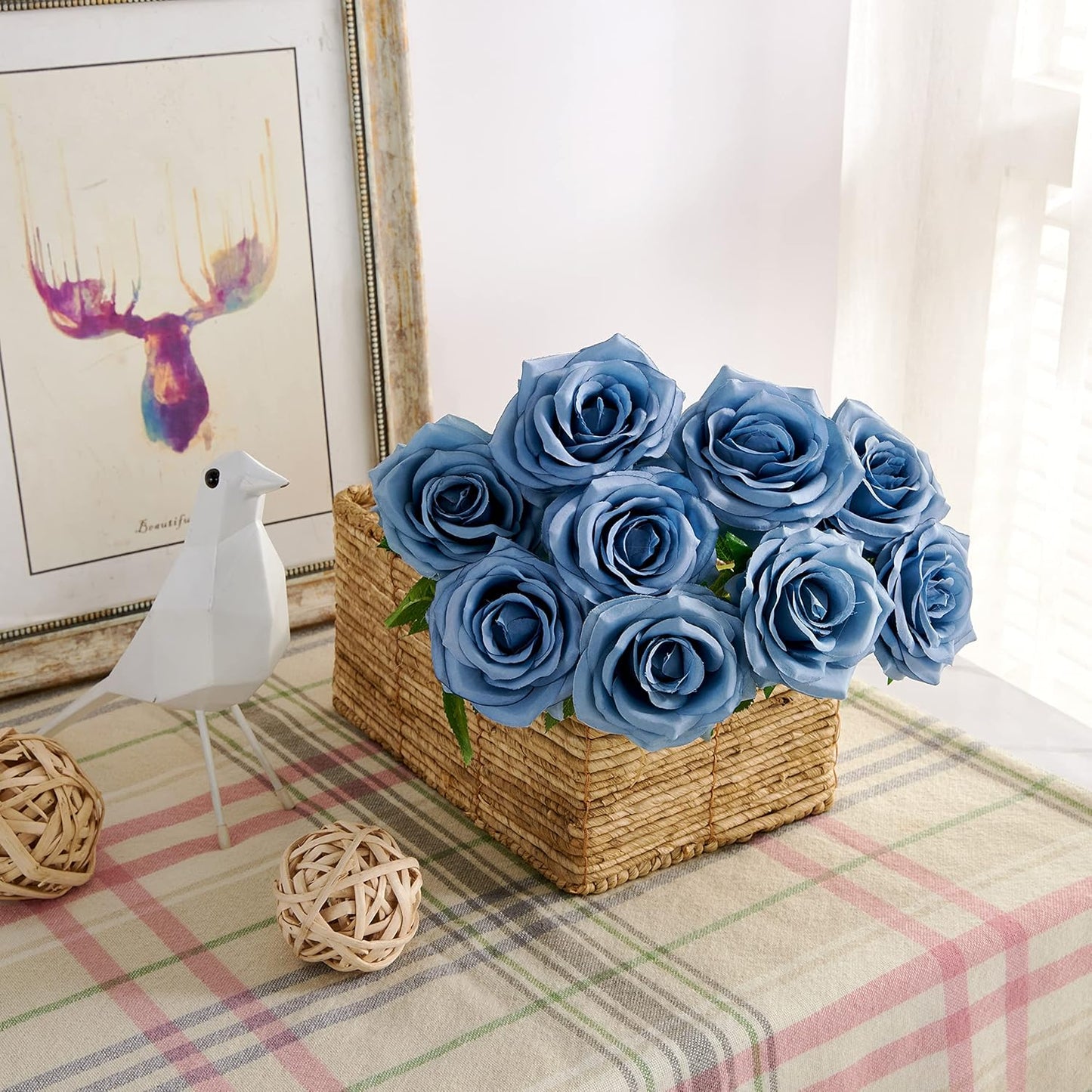 Artificial Rose 10pcs Open Flower Bouquet Faux Rose Stems for Wedding Arrangement, Bridal Bouquet, Centerpiece, Fake Faux Silk Flowers (Dusty Blue)