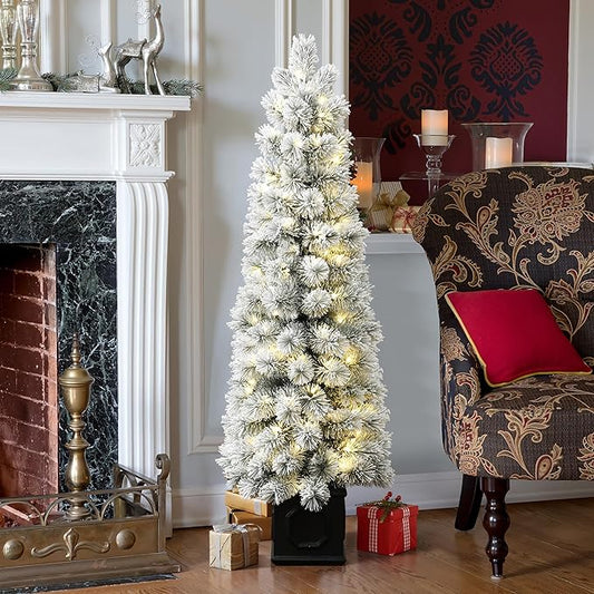 LuxenHome 4.5FT Small Potted Christmas Tree, Flocked Christmas Tree with 100 LED Lights, Prelit Artificial Xmas Trees with Pot, Lighted Pine Tree for Indoor, Outdoor Holiday Display