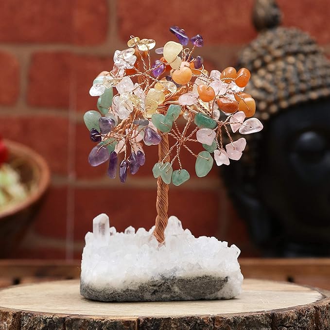 7 Chakra Crystal Tree of Life with White Aura Base Crystal Room & Home Decor, Cute Home Birthday Gifts for Men & Crystals and Healing Stones for Women Mom Gemstone Tree for Shelf & Bedroom Decor