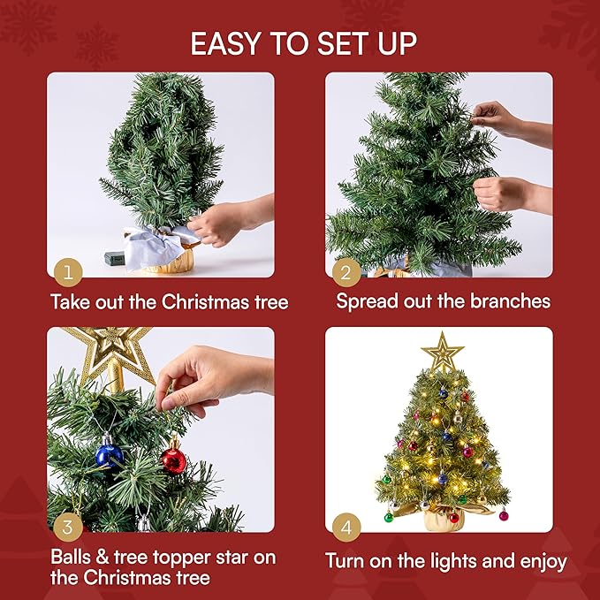 JOIEDOMI 24"/2FT Small Tabletop Christmas Tree with Lights with Star Treetop and Hanging Ornaments, Pre-lit Artificial Christmas Green LED Mini Tabletop Tree for Xmas Decorations Indoor Outdoor