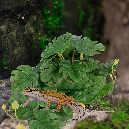 Reptile Plants for Terrarium, Ball Python Tank Accessories, Amphibian Habitat Decor Plant Bearded Dragon Tank Decorations for Gecko Lizard Chameleon Tortoise with Base - Fake Monstera