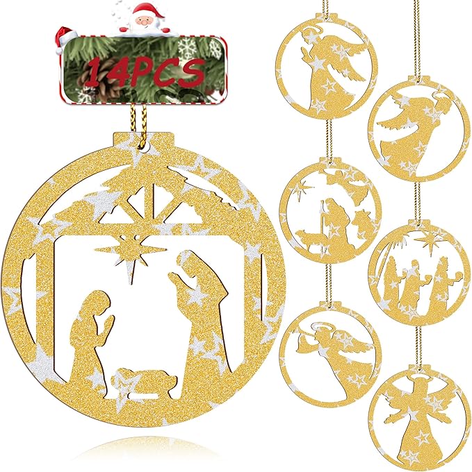 14 Pcs Nativity Scene Ornaments, Christmas Wooden Nativity Hanging Ornaments Set, Christian Nativity Scene Christmas Tree Decoration, Xmas Religious Gift for Family Friends and Christian