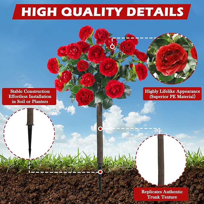 Sunnyglade 35.5" Set of 2 Artificial Camellia Tree, Faux Red Camellia Flowers Plant with Spike Fake Silk Flora Topiary Plants Tree for Indoor, Garden, Yard, Porch, Patio Decoration (Red)