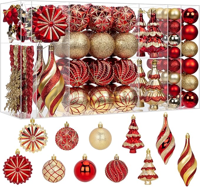 108 Pcs Christmas Ball Ornaments Set, Red and Gold Shatterproof Hand-Painted Hanging Bulbs Bulk, Decoration for Xmas Tree, Wreath, Garland, Home Holiday Decor