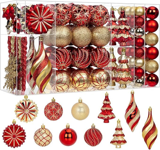 108 Pcs Christmas Ball Ornaments Set, Red and Gold Shatterproof Hand-Painted Hanging Bulbs Bulk, Decoration for Xmas Tree, Wreath, Garland, Home Holiday Decor