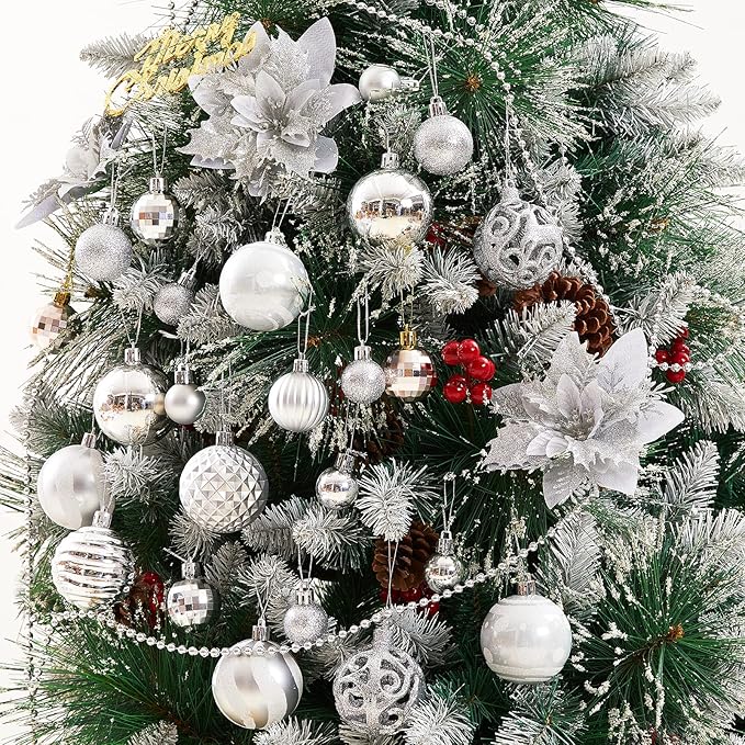 100PCS Christmas Ball Ornaments, Assorted Shatterproof Christmas Tree Decorations, Seasonal Decorative Hanging Baubles Decor Set for Xmas/Holiday/Party, Glitter&Painting Ornament Set (Silver)