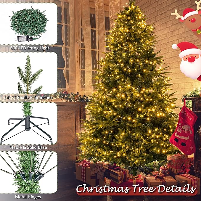 Sunnyglade 7.5ft Artificial Christmas Tree with 600 LED Lights (Not pre-lit), Xmas Tree Full Tree with 1422 Branch Tips & 11 Modes Light, RGB & Warm White Light, Foldable Stand for Home, Party Decor