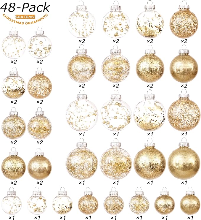 Sea Team Multi-Size Shatterproof Clear Plastic Christmas Tree Ball Ornaments Set, Decorative Hanging Transparent Xmas Baubles with Stuffed Delicate Decorations (48 Counts, Gold)