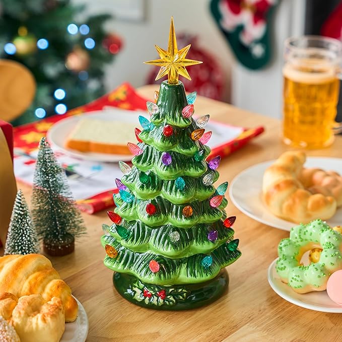 Joiedomi 12" Ceramic Christmas Tree, Table Top Christmas Tree with Flower Leaf, Vintage Pre-lit Xmas Decor with LED Lights, Battery Operated Hand-Painted Xmas Decorations Indoor Home