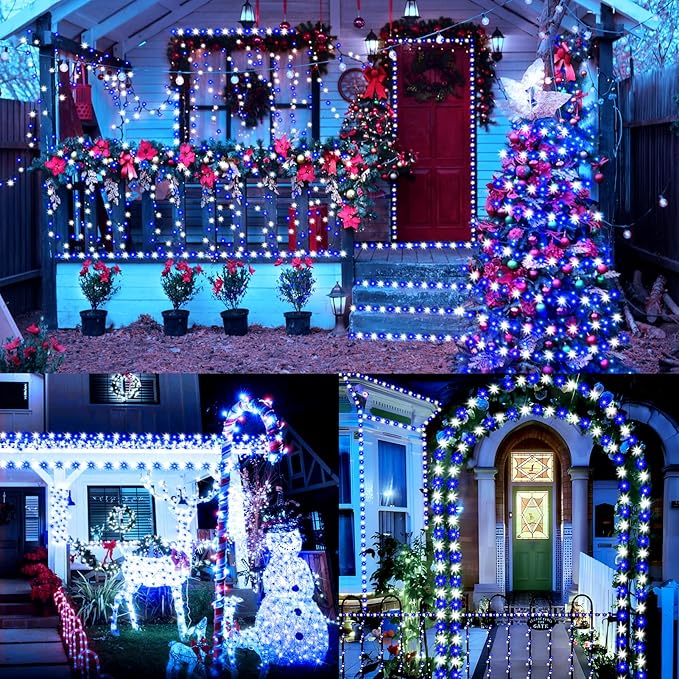 XURISEN 403FT 1000 LED Christmas Lights Outdoor Green Wire String Lights 8 Modes with Timer Memory Waterproof Fairy Light Plug in for Xmas Tree Wedding Yard Party Holiday Decorations(Blue+White)