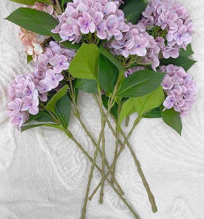 4PCS Ash Purple Hydrangea Artificial Flowers，Real Touch 23 inch Latex Fall Hydrangeas with Long Stems & Leaves for Centerpieces Tables