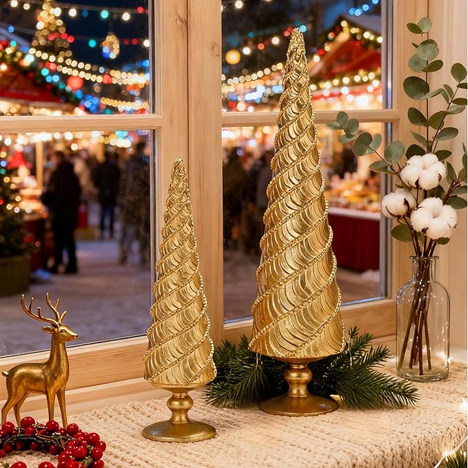 2Pcs Christmas Tree Figurines, Gold Resin Christmas Trees with Spiral Design, Small Decorative Tabletop Trees for Mantel, Modern Holiday Home Decor for Living Room, Office, Shelf, Festive Centerpiece
