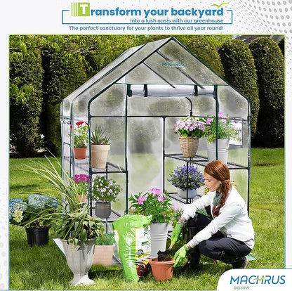 OGrow Machrus Deluxe Walk-in Greenhouse with 3 Tiers and 12 Shelves - Clear Cover