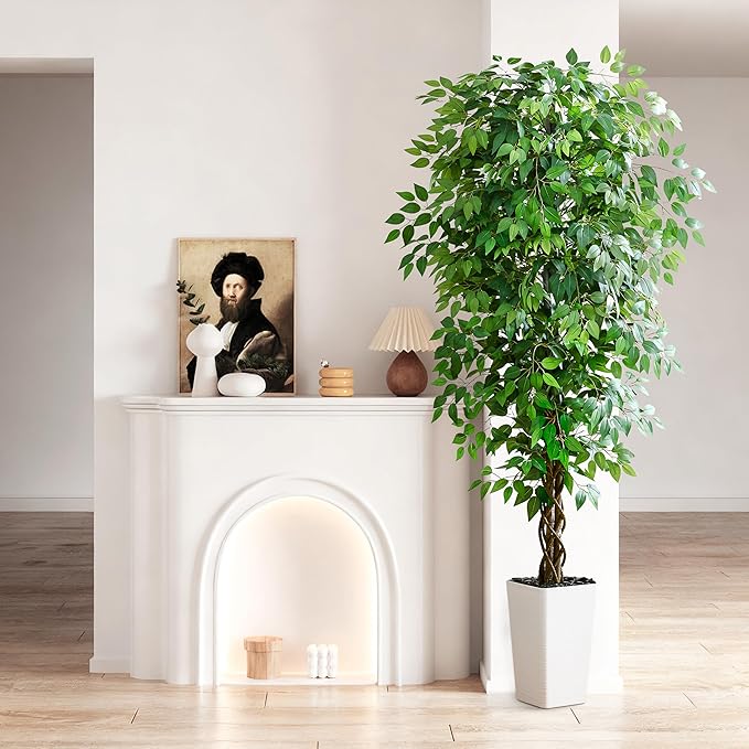 Artificial Ficus Tree 7FT Faux Plants Indoor Tall Fake Plants with White Tall Planter, Green Lifelike Lush Fake Ficus Tree for Home Living Room Bedroom Outdoor Balcony House Office Decor