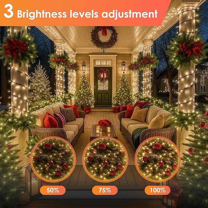 Christmas Lights 600 LED 196FT, IP67 Waterproof Christmas Tree Lights with 8 Modes, Outdoor String Lights with Timers & Memory Function, Xmas Light for Holiday Decor (Warm White)