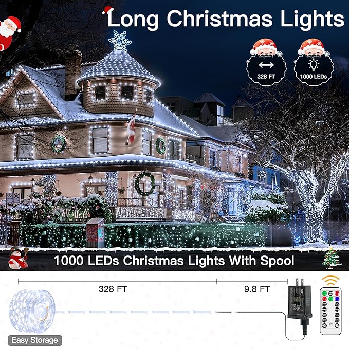 1000 LED 328 FT Outdoor Christmas Lights, IP67 Waterproof Twinkle String Lights with Remote 8 Modes and Timer Memory Function, Fairy Light for Holiday Garden Party Decorations
