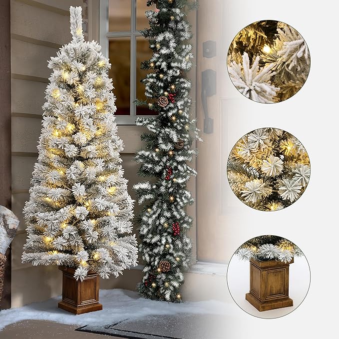 LuxenHome 5FT Potted Flocked Christmas Tree, Small Christmas Tree Prelit with 80 Warm White LED Lights, Lighted Pencil Artificial Christmas Trees with Square Planter Pot for Indoor, Outdoor