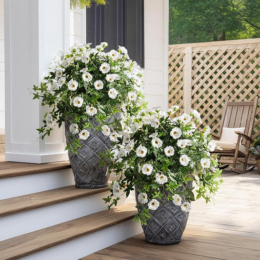 Artificial Flowers Artificial Petunias for Outdoors Artificial Hanging Plants Outdoors Silk Flowers with Stems Outdoor Flowers Uv Resistant for Porch Decor Terrace Decor（White） with Pot 2PCS