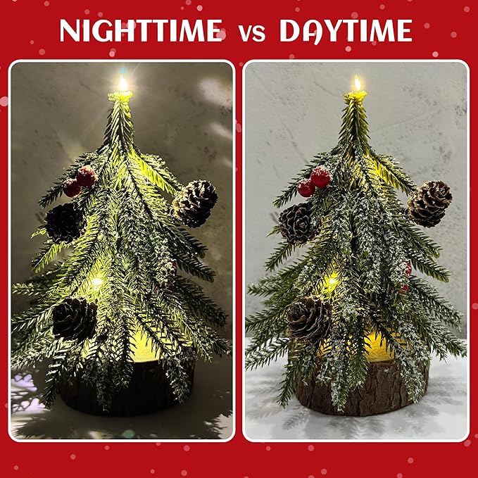 2 Pack Artificial Christmas Tabletop Mini Pine Trees, 6.5 in Tall Lighted Holiday Decorations with Wooden Base, Red Berries, Pine Cones Snowflake for Home Table Windowsill Office Desk Mantel
