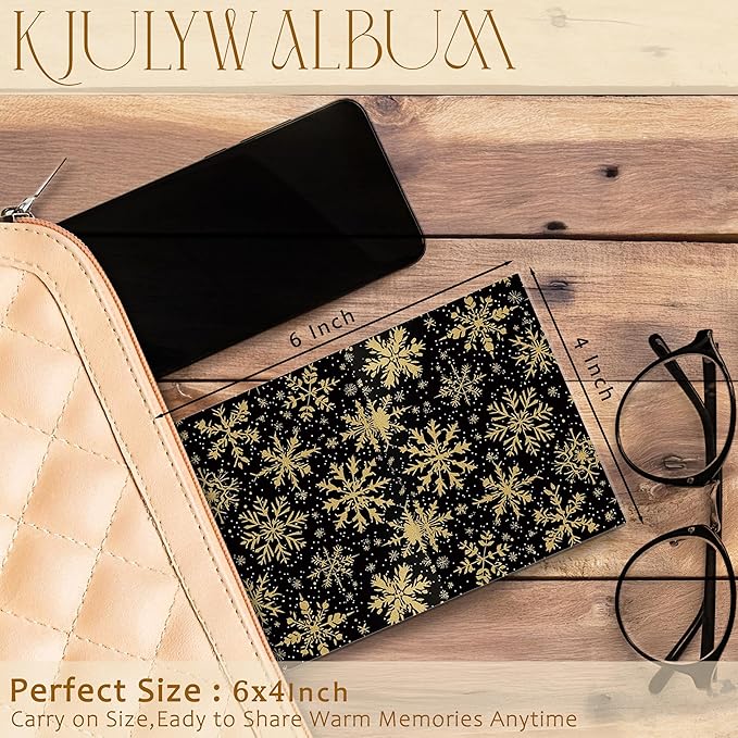 Christmas Photo Albums 4x6 Pictures, Black and Gold Christmas Winter Snowflakes Small Memory Photo Album Book for Baby Family Graduation Wedding Travel Vacation