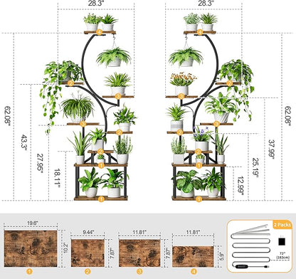 Plant Stand Indoor with Grow Light - 2 Pack Tall Indoor Plant Shelf, 62" Corner Plant Holder, 8 Tiered Large S-Shape Flower Multiple Display Shelf for Home, Office