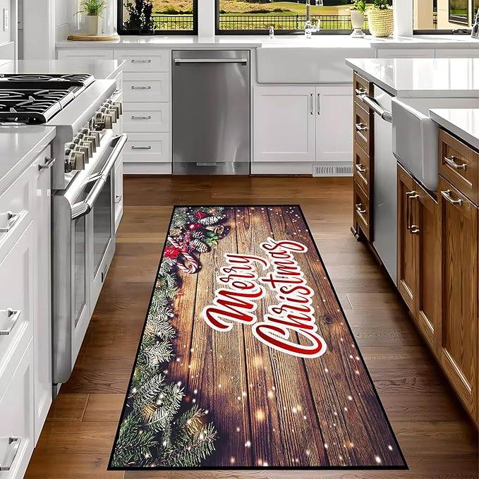 Christmas Rug Xmas Holiday Decorative Wood Grain Pattern Welcome Mat for Home Decoration Non Slip Outdoor Indoor Entrance Floor Mat,79" X 39"