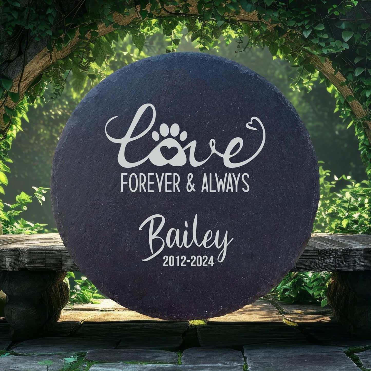 Personalized Pet Memorial Stone for Dogs and Cats | Custom Laser-Etched Weatherproof Garden Grave Marker | Natural Stone Bereavement Headstone Sympathy Gift | 4, 6, 10, or 12 Inch Heart or Circle Shape (A7)