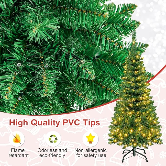 Goplus 4.5ft Prelit Pencil Christmas Tree, Premium Hinged Fir Tree, with Warm White LED Lights and Solid Metal Stand, Easy Assemble, Ideal Artificial Xmas Tree for Home and Office