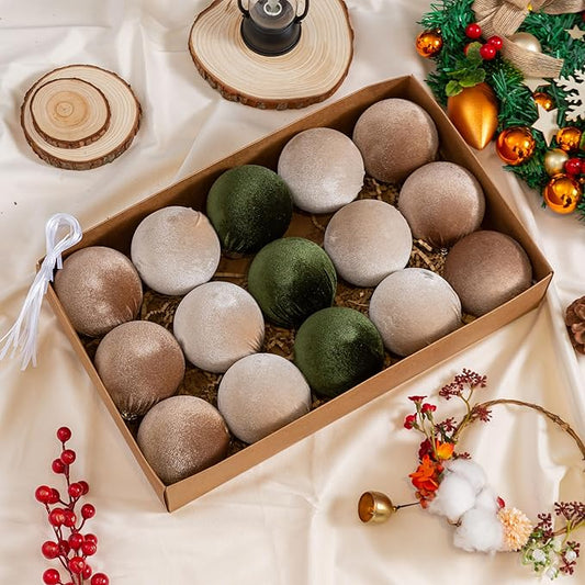Christmas Ball Ornaments, 15 Pcs Green & Coffee Ornaments with Velvet, Multicolor Xmas Tree Decorations for Christmas Tree Holiday Decor
