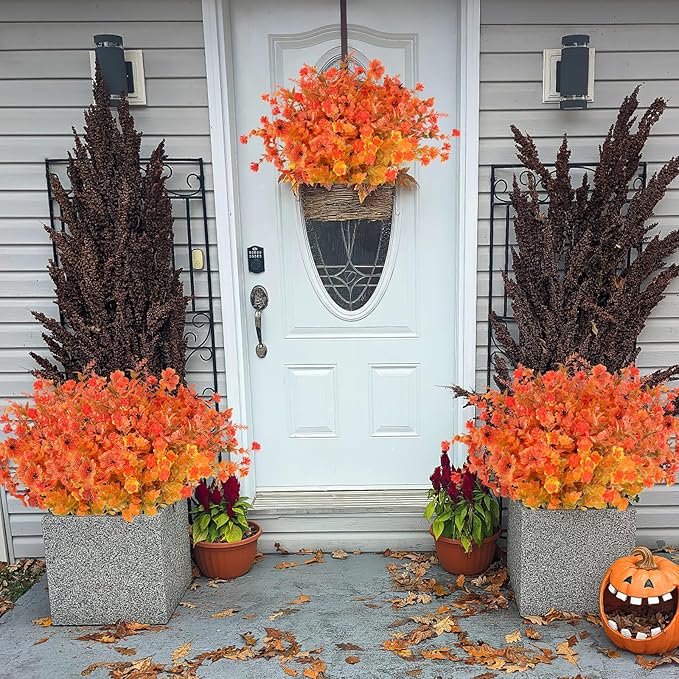 AmyHomie 16 Bundles Mix Orange Artificial Fall Flowers for Outdoor Fall Decor UV Resistant Fake Mums No Fade Fake Plastic Plants Garden Porch Window Box Decorating