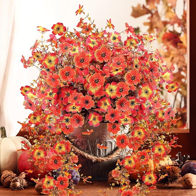 Outdoor Artificial Fall Flowers 6PCS, All Weather Fade Proof, UV Resistant Waterproof Realistic Faux Silk Mums Daisies Orange & Sunset Red for Hanging Planters Porch Patio Balcony Deck & Garden Decor