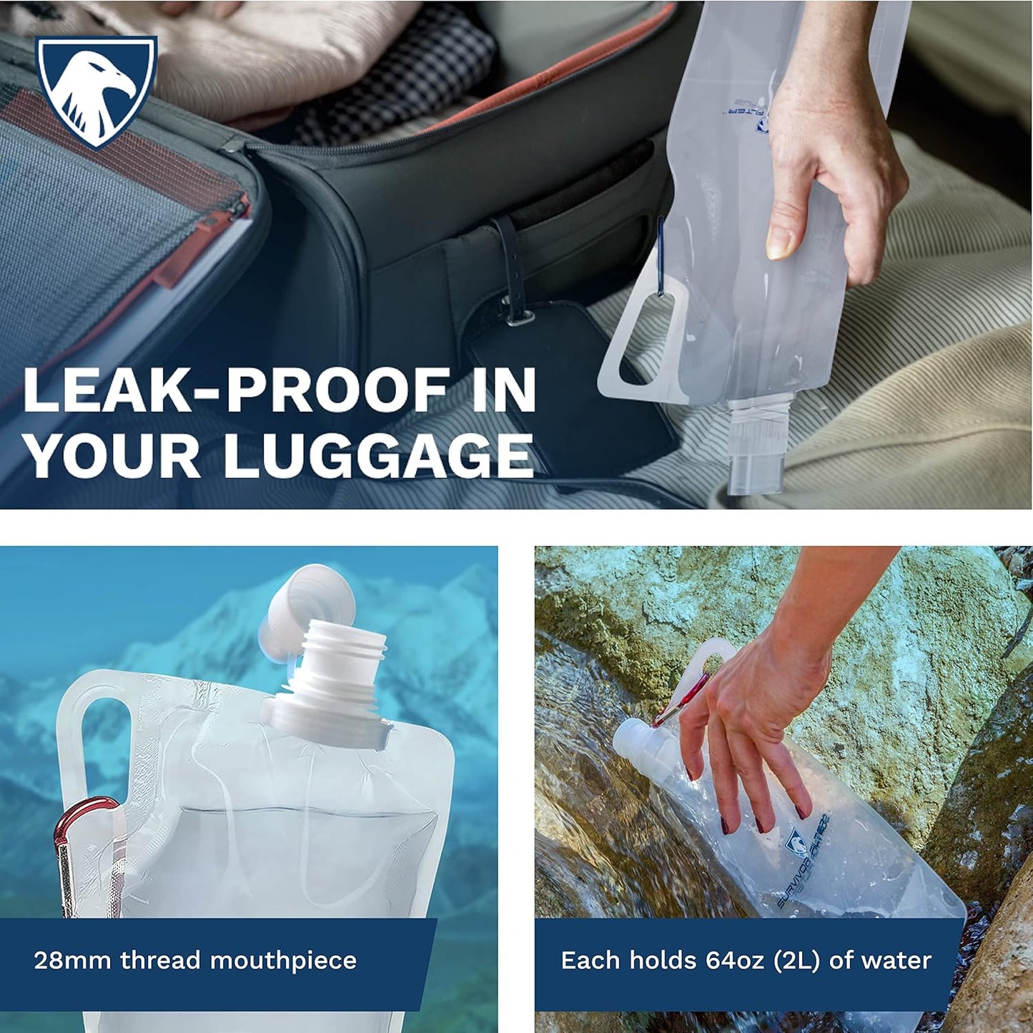 Survivor Filter Collapsible Water Bottles, Canteens (32oz) 2 Pack (2L Total) - Durable Carabiners and Handles. Squeeze Water through a Filter or Use as Water Bottles