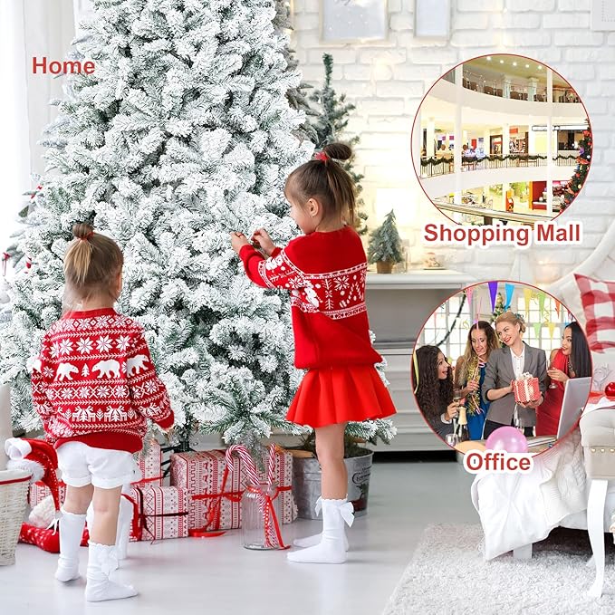 COSTWAY 9 FT Snow Flocked Christmas Tree, Artificial Holiday Hinged Pine Tree with 1498 Branch Tips, Solid Metal Stand, Premium Xmas Full Fake Tree for Home, Office, Party Decoration