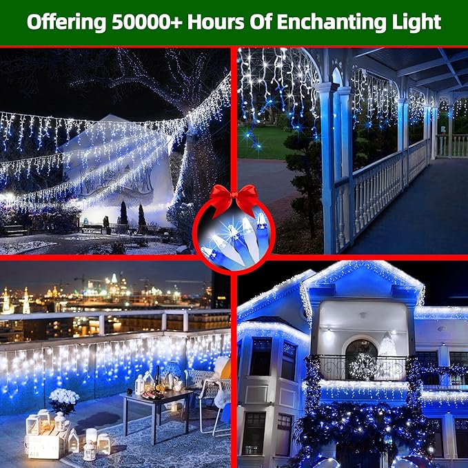 648 LED Outdoor Christmas Lights with 144 Drops, 66ft Christmas Fairy Lights with 8 Modes Timer, Twinkly Lights Waterproof for Indoor Outside Eaves Yard Holiday Wedding Party Decor Blue & CoolWhite