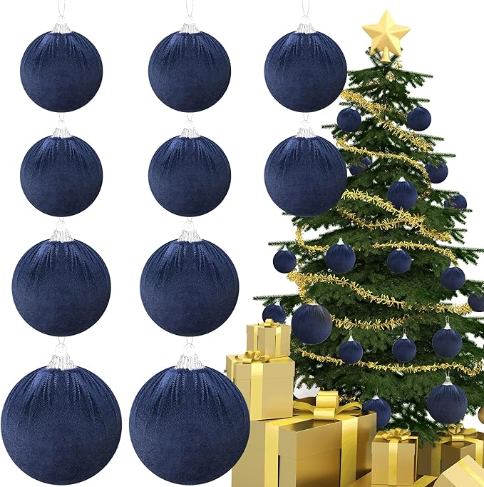 Gresorth 10 Pcs Navy Blue Velvet Christmas Ball Ornaments Flocked Hanging Balls Ornament Shatterproof Baubles Decor Christmas Tree Holiday