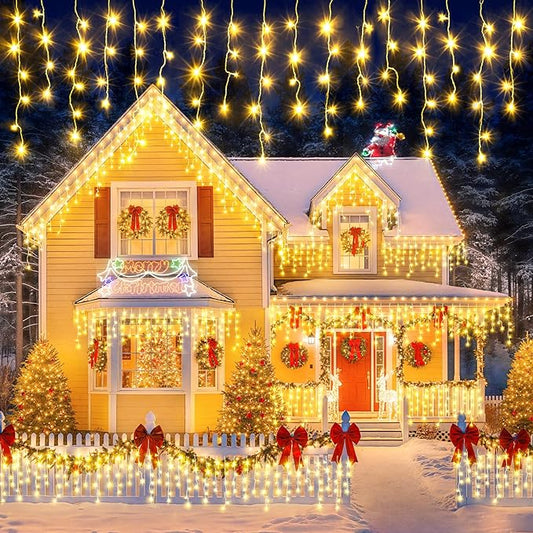 Icicle Lights for Outside 33ft 400 LED Icicle Christmas Lights Outdoor 8 Modes with 75 Drops, Plug in Christmas Light Waterproof for Indoor Holiday Wedding Xmas Decorations, Warm White
