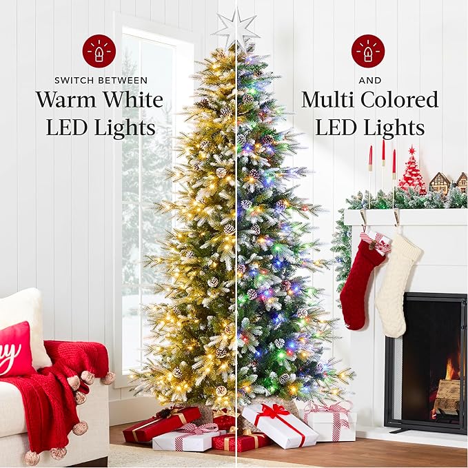 Best Choice Products 12ft Pre-Lit Artificial Frosted Slim Aspen Christmas Tree, Partially Flocked Holiday Décor w/ 2-in-1 White & Multicolor LED Lights