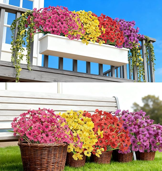 Artificial 15-Bloom Violet Flowers, Fake Flowers for Indoor Outdoor Decor, Faux Plants for Garden, Porch, Fall and Seasonal Decoration, UV Resistant Faux Plants (Mixed)