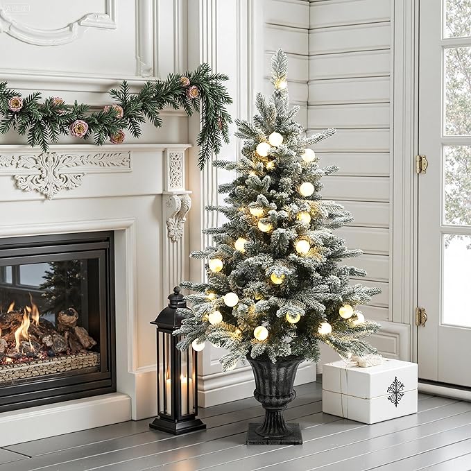 LuxenHome 4FT Small Potted Christmas Tree, Flocked Christmas Tree with 70 LED Globe Lights, Prelit Artificial Xmas Trees with Rustic Urn Pot, Lighted Pine Tree for Indoor, Outdoor Holiday Display