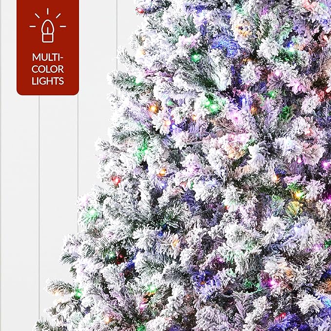 Best Choice Products Pre-Lit Artificial Christmas Tree 7.5ft Snow Flocked Pine Tree, 2-in-1 White and Multicolor LED Lights, Full Snowy Appearance