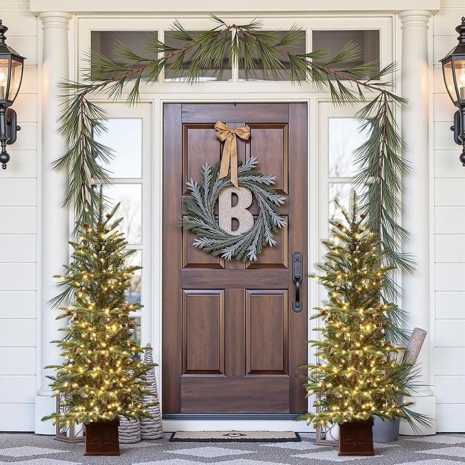 LuxenHome 5FT Potted Christmas Trees, Small Christmas Tree with 300 Warm White LED Lights, Slim Christmas Tree Pre-lit with Pine Cone and Brown Square Base, Artificial Trees for Holiday Decorations