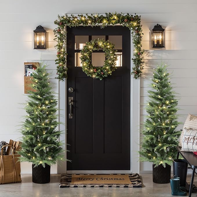 LuxenHome 5FT Small Christmas Tree, Potted Slim Christmas Tree with 100 Warm White LED Lights, Realistic Cedar Prelit Artificial Christmas Trees with Black Planter Pot for Outdoor Porch, Entryway