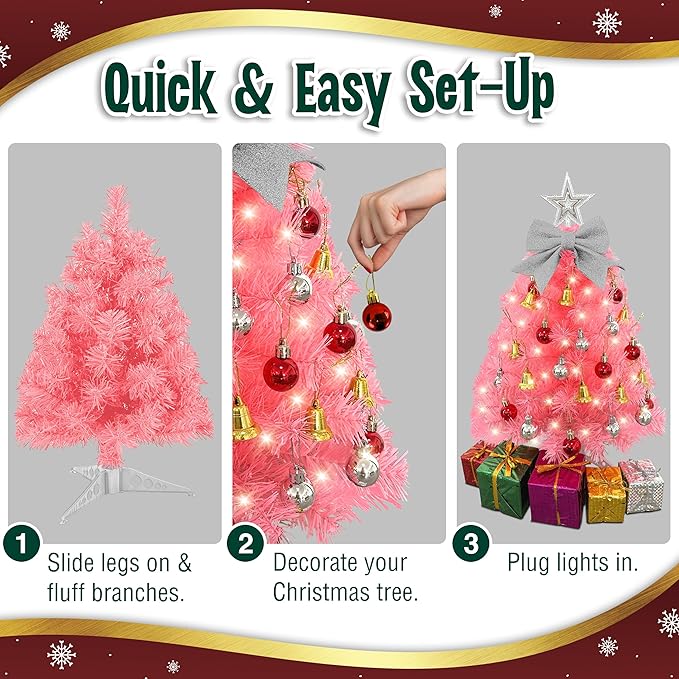 Small Pink Christmas Tree with Lights - 23 Inch Mini Tabletop Christmas Tree with Warm-White LED Lights, Hanging Ornaments, Decorative Bow and Gift Boxes - Table Tree for DIY Christmas Decoration