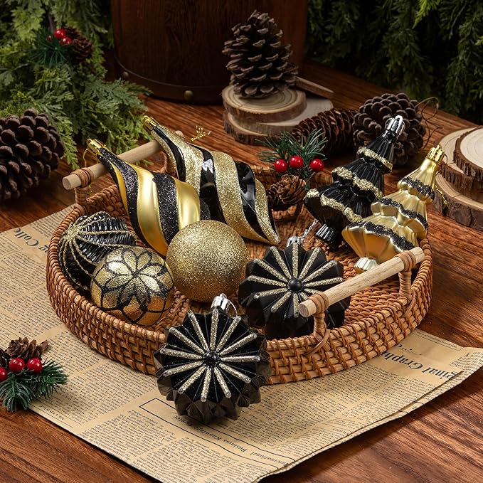 108 Pcs Christmas Ball Ornaments Set, Black and Gold Shatterproof Hand-Painted Hanging Bulbs Decoration for Xmas Tree, Wreath, Garland, Home Holiday Decor